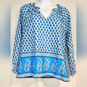 J.Crew Womens Block-Print Artist Top Size‎ XS Blue Floral Ruffle Preppy Spring
